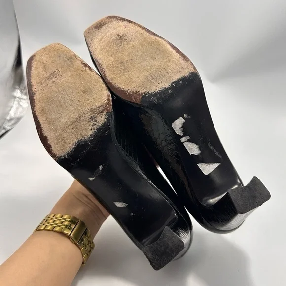 Stuart Weitzman black square toe croc embossed chunky heel pumps size 9 - Picture 8 of 10